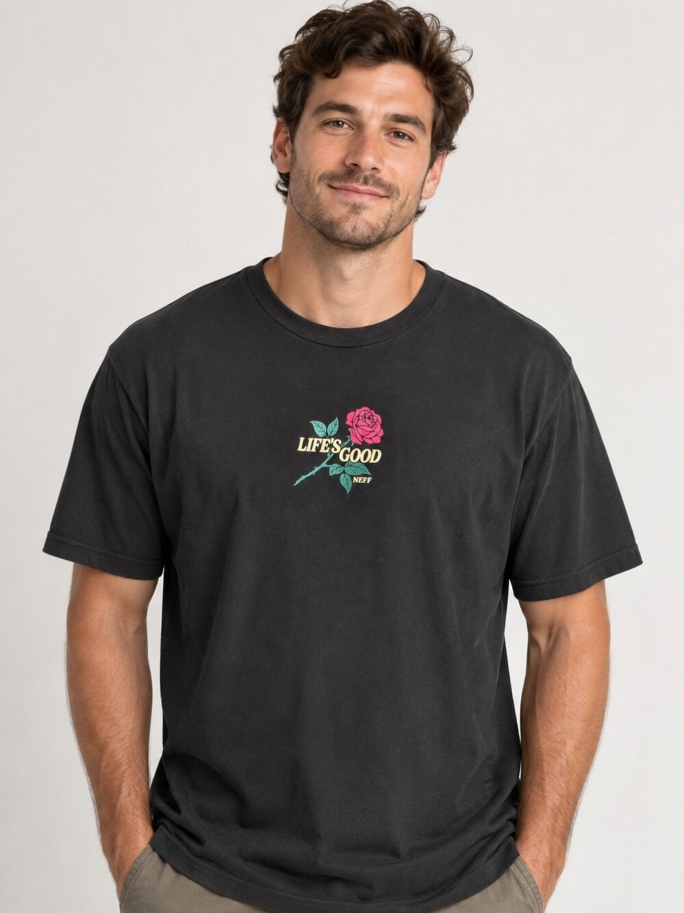 Neff Black Short-Sleeve Tee with Pink Rose Graphic XL
